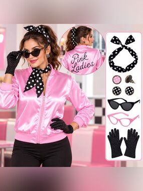 Pink Ladies Costume Set Women’s Medium Satin Jacket 50s Grease Retro NWT